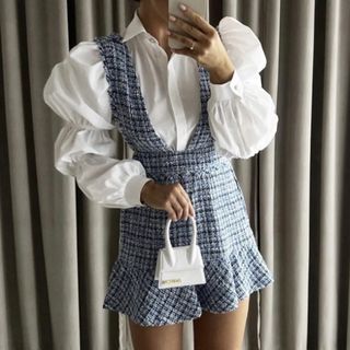 Zara, Dresses, Zara Textured Tweed Short Pinafore Dress Blue Silver  Buttons