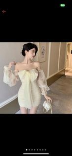 洋裝網眼一字肩碎花連衣裙蝴蝶結氣質短裙女
