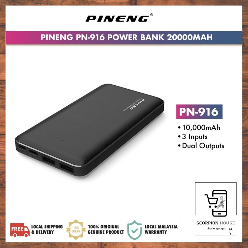 PINENG PN916 Power Bank, 10000mAh, 3 Input, Black Color