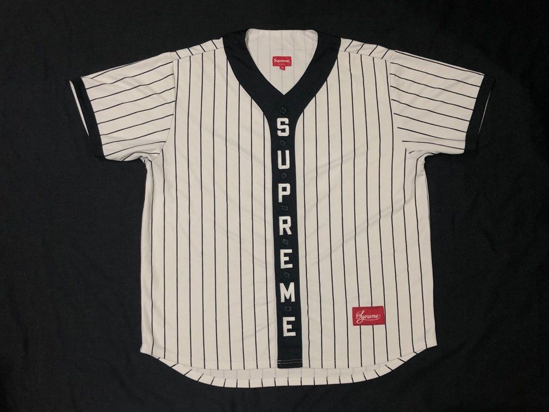 Supreme Vertical Logo Baseball Jersey White/Black Pinstripe M