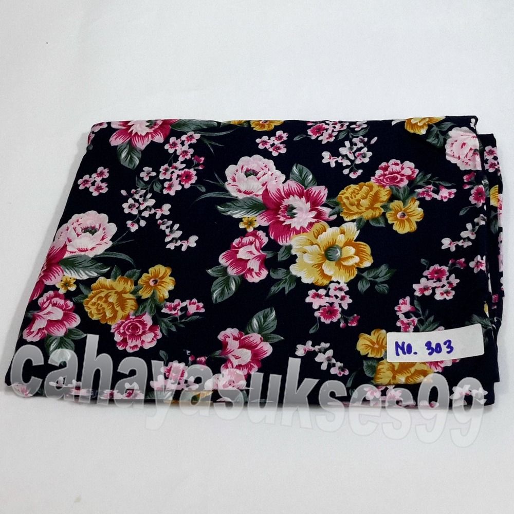 Bahan Kain Polyester Biru Dongker Motif Bunga 136cm x 148cm Craft 303