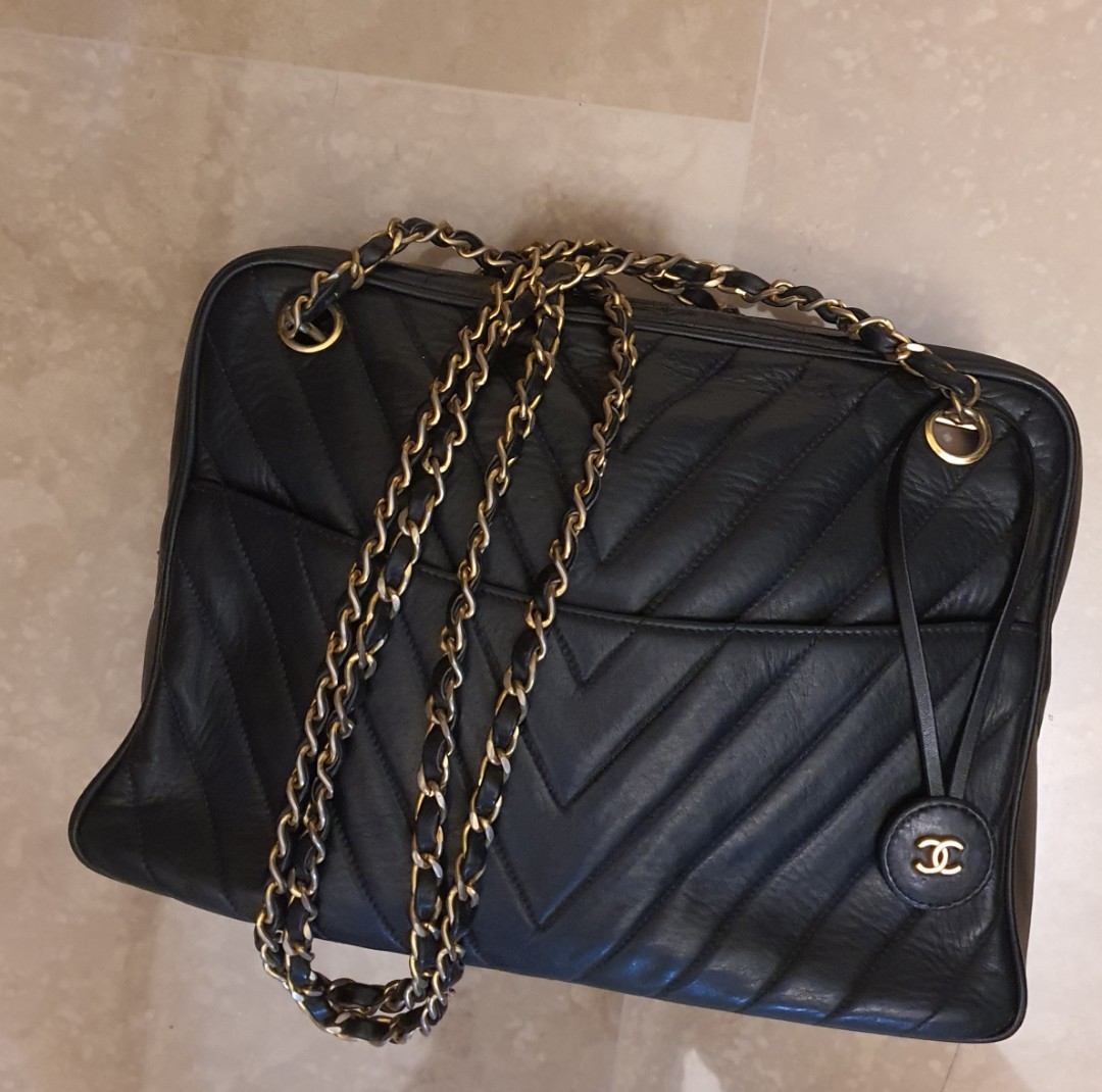 Chanel Black Vintage Bag Camera in Chevron Quilt, Luxury, Bags