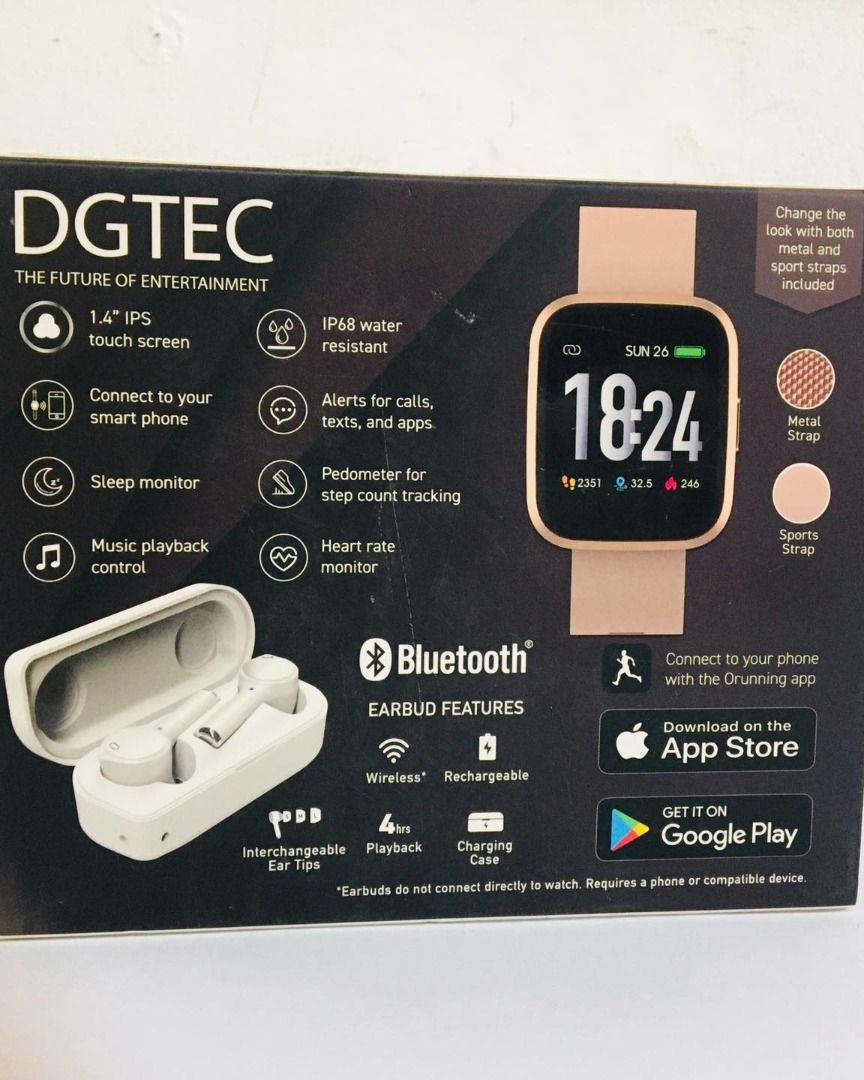 dgtec smart watch with wireless earbuds, Audio, Earphones on Carousell