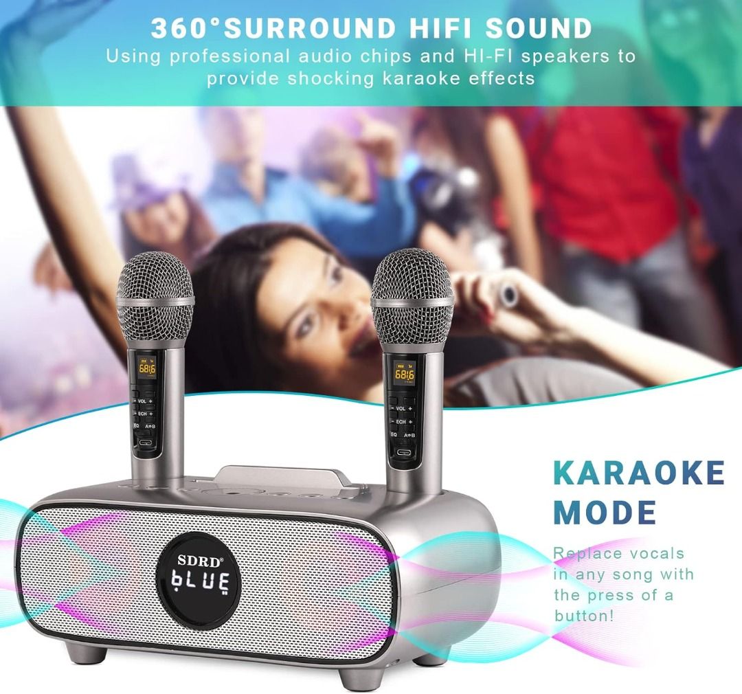Karaoke Machine with 2 Wireless Microphones for Adults/Kids, 2023 Upgraded  PA Speaker System, Singing Machine with Echo and Vocal Cut, Supports TF
