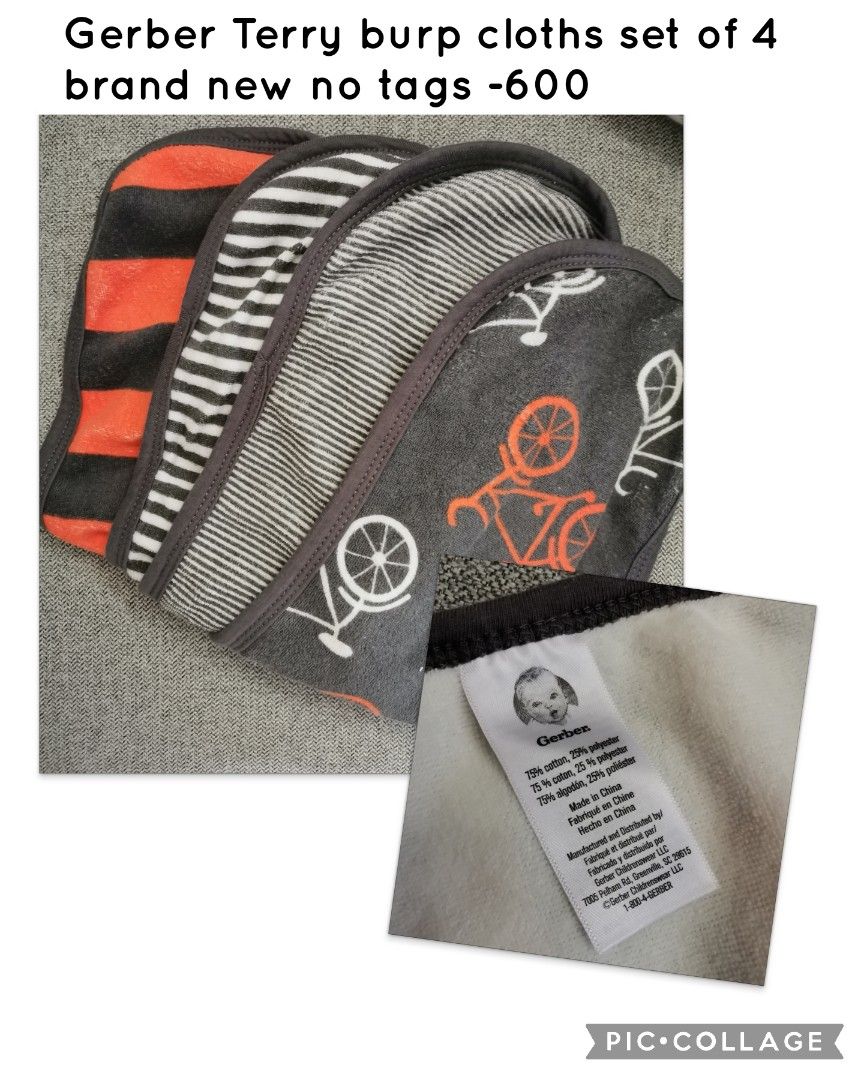 Gerber 4 pack Terry burp cloth lampin (Category: Babies & Kids Fashion) located in Manila. Submitted by trinketsnuggets (Listing ID 1257505188, Image 1). Description: brand new no tags 4 pc set bought from US shopee checkout.