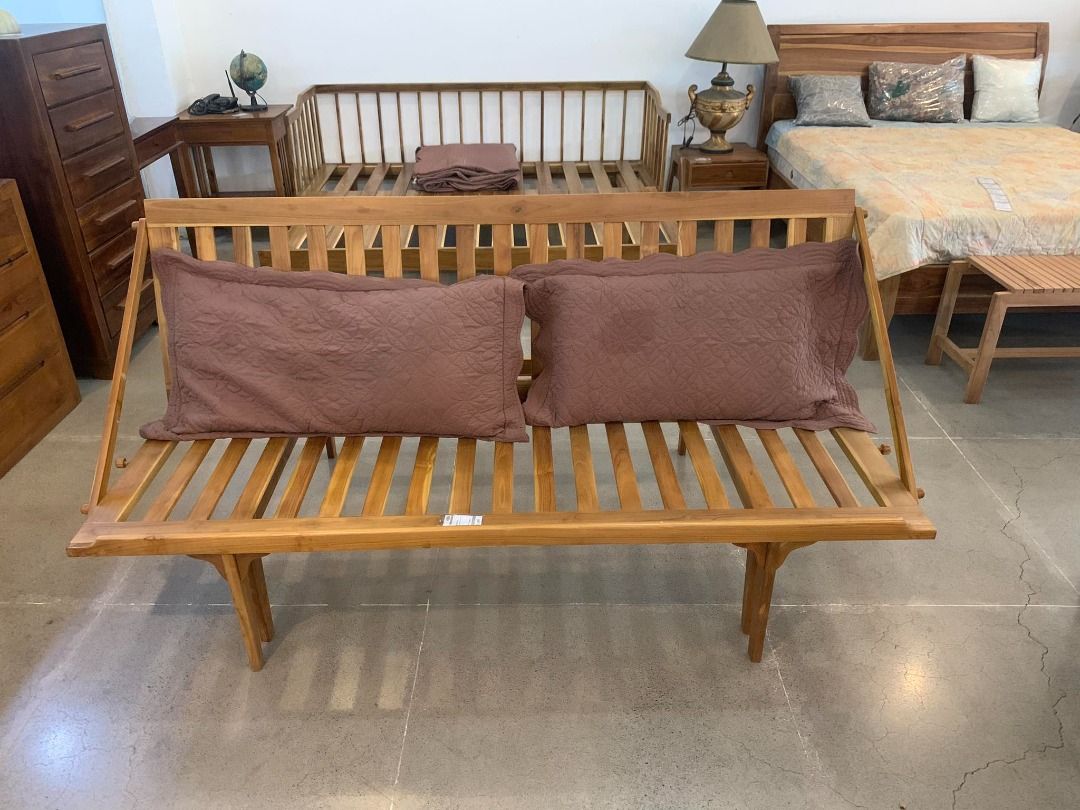 Handcrafted Solid Teak Wood Folding Modern Sofa Bed Frame (Category: Bed Frames & Mattresses) located in Quezon City. Submitted by lindenteakfurnitureonlinesales (Listing ID 1257435341, Image 1). Description: ITEM: Handcrafted Solid Teak Wood Folding Modern Sofa Bed Frame SERIES: Gold Teak (Indoor Series) MAIN MATERIAL: Teak Wood (Tectona Grandis) FINISHING: N. Cellulose APPROXIMATE DIMENSIONS: (size may slightly vary due to its handcrafted natur