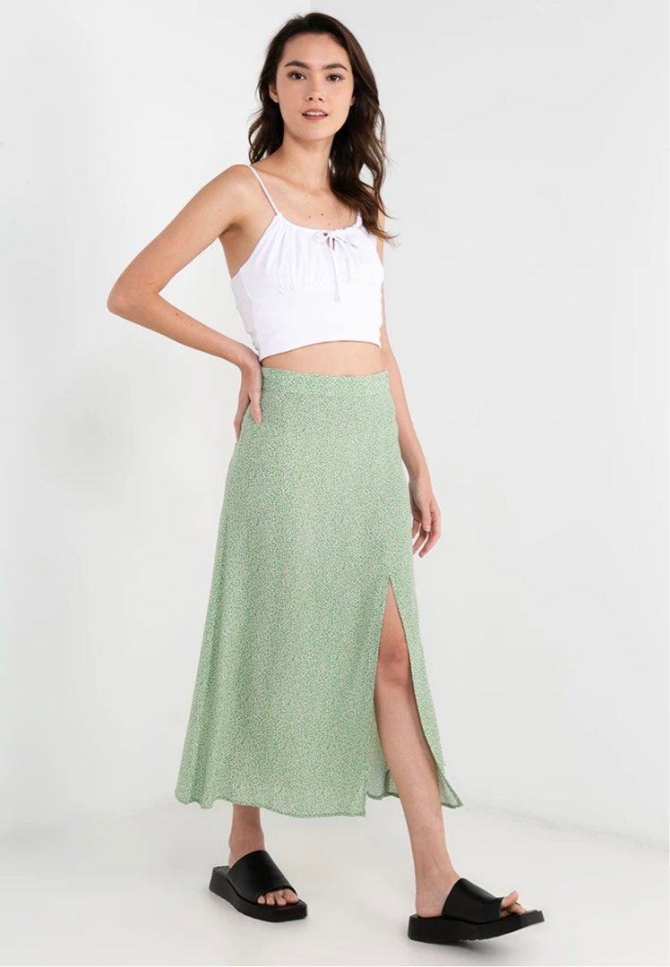 H M Ditsy Green Floral Midi Skirt
