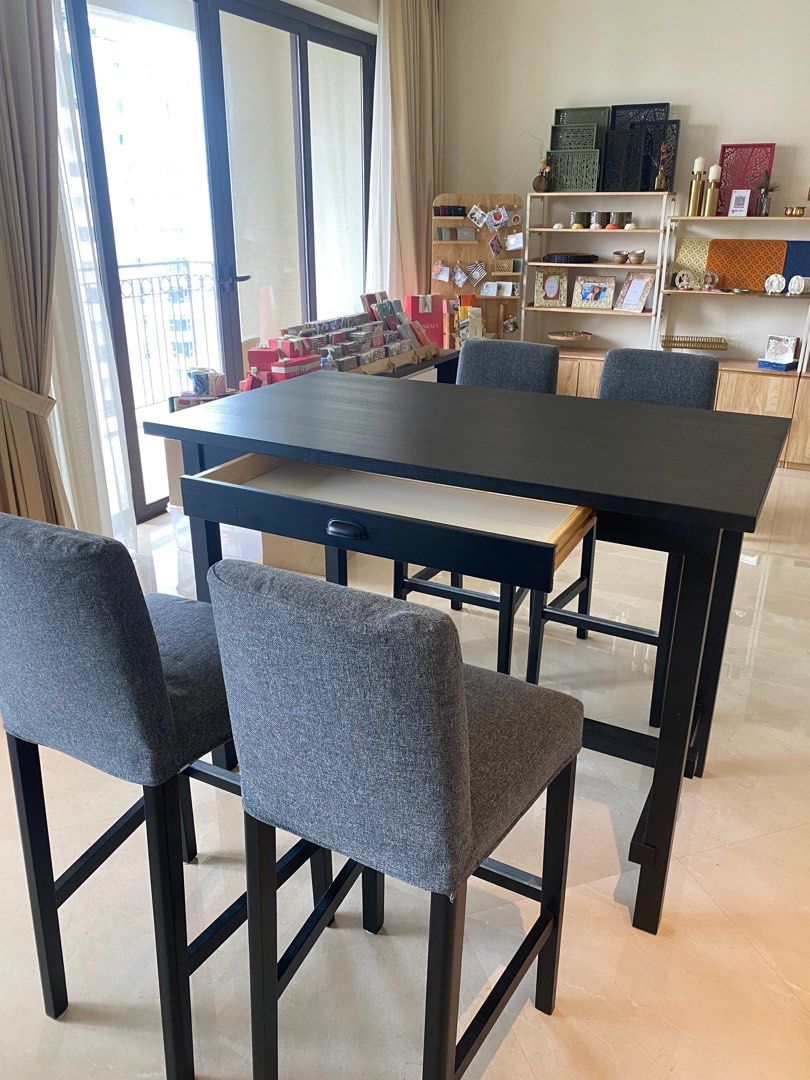 IKEA wooden dining table with high chairs, Furniture & Home Living ...