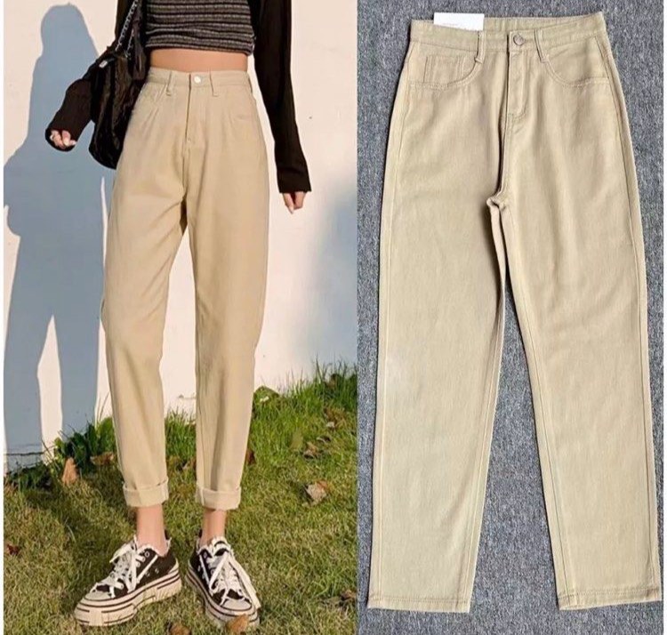Khaki Mom Pants, Women's Fashion, Bottoms, Jeans on Carousell