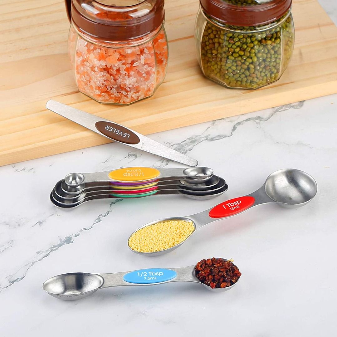 MAGNETIC MEASURING SPOONS SET 8 PIECE STAINLESS STEEL KITCHEN MEASURING ...