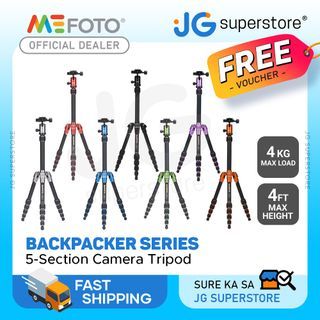 MeFOTO Backpacker 5-Section Camera Travel Tripod with Quick Twist Rubber Lock Leg Grips, 360 Degree Panning, 4Kg Max Payload, 4.2ft Max Height and Arca Type Compatible Ball Head (All Colors) | JG Superstore