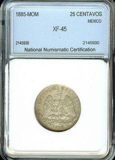MEXICO 墨西哥 25 centavos - 1885 (NNC 評級 XF-45) 老銀幣