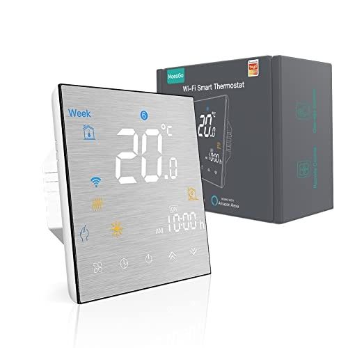 Moes Go WiFi Smart Thermostat for Water Floor Heating, Programmable 2.4GHz  WiFi Temperature Controller Metal Brushed Panel , Neutral Wire Required,  Compatible with Tuya APP, Alexa and Google Home, TV & Home