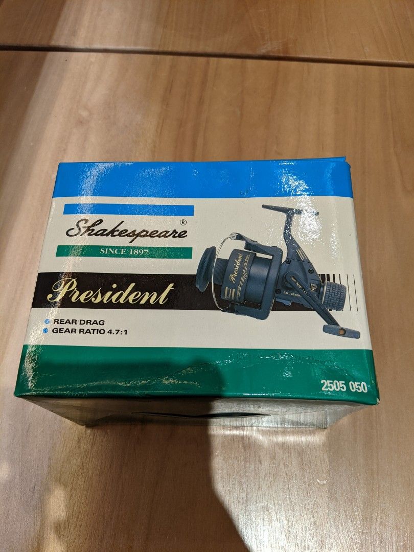 New in box SHAKESPEARE PRESIDENT 2505-050 REAR DRAG COARSE / MATCH REEL  RIGHT/LEFT HANDED, fishing equipment, ball bearing 4.7:1 gear ratio. $10  discount for pickup at Lai King Estate., 運動產品, 釣魚- Carousell