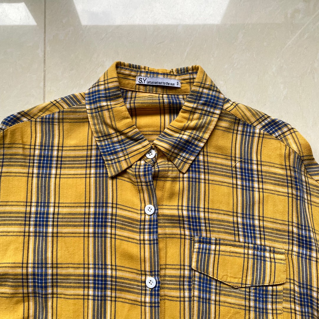 oversized mustard yellow flannel, Women's Fashion, Tops, Shirts on