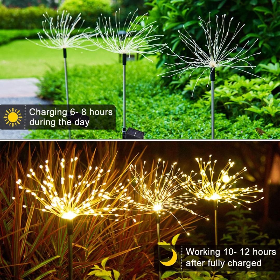 Redsun Solar Firework Lights 120 LED Starburst Lights Copper Wire Outdoor  Garden Stake Lights Waterproof Pathway Lights for Landscape Lawn Backyard  Patio Party Wedding Decor(Warm White, Furniture  Home Living, Lighting 