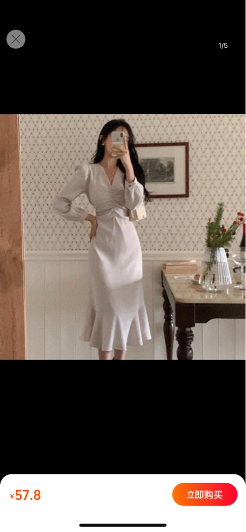 V-Neck Lace Top High Slit Pleated Chiffon Dress Ivory