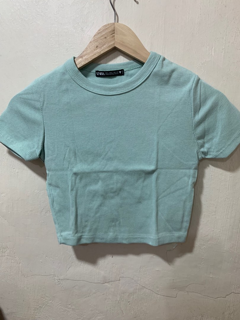 Zara Ribbed Knit Top / Teal Blue Mint Green Turquoise Rib Knit Croptop ...