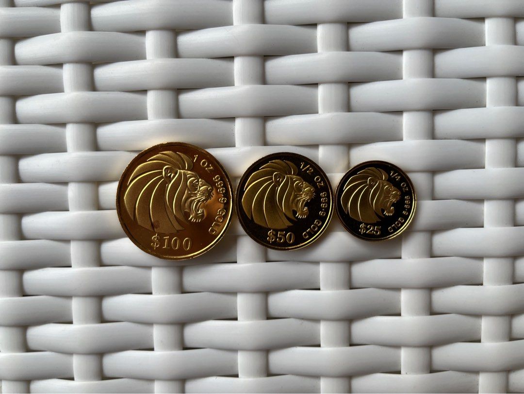 24K 999.9 Singapore Lion Gold Coins (Year 1990) - 3 Coins Set, Hobbies