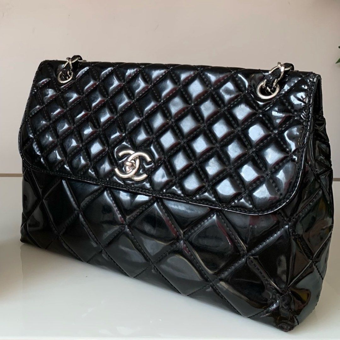 Chanel Vintage Clear Quilted Vinyl And Black Patent Leather Maxi