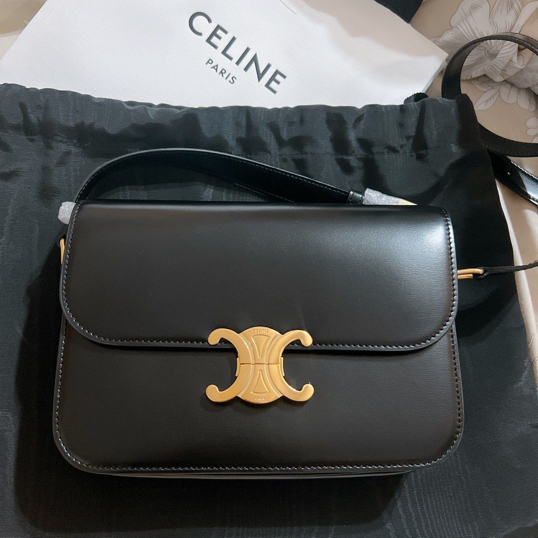 Celine, Bags, Authentic Celine Triomphe Shoulder Bag In Shiny Black  Calfskin Leather 222