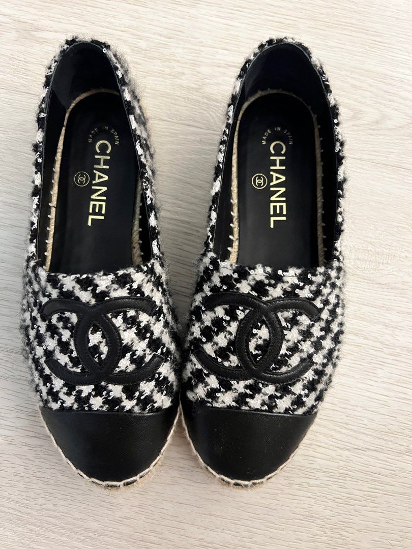 CHANEL Espadrilles COCO Mark Leather Shoes 36 Black X White Auth Women Used
