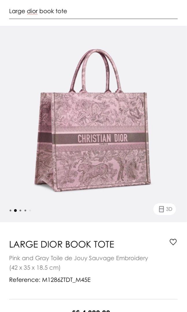 Large Dior Book Tote Pink and Gray Toile de Jouy Sauvage