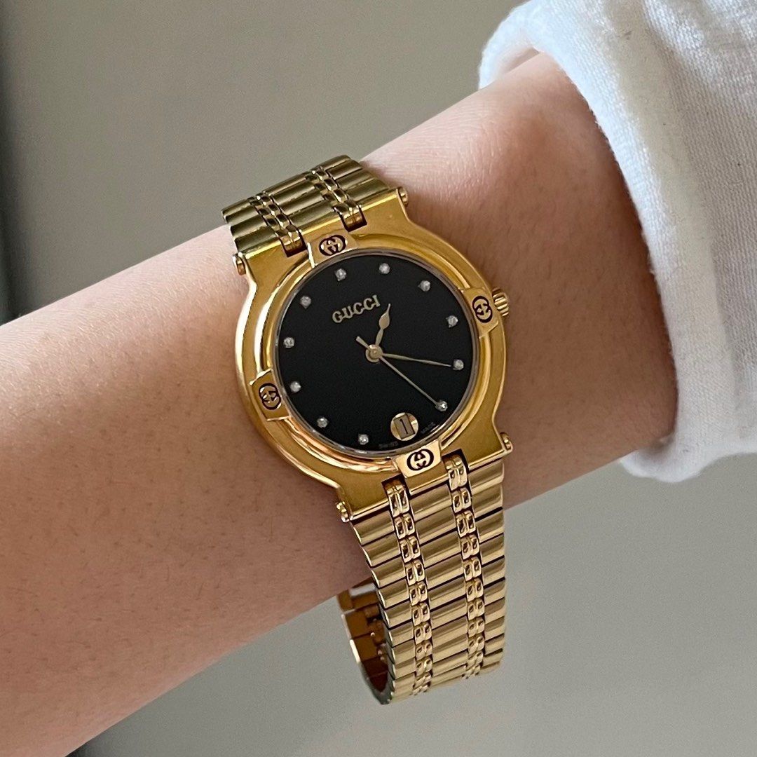 Authentic Preloved Gucci Gold Plated Studded Black Dial Date Watch 32mm Face Unisex