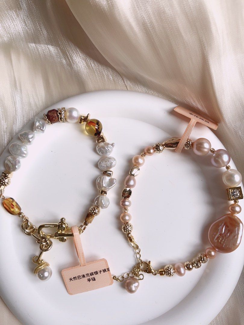 Baroque Freshwater Pearl Bracelet Amber Silver Stone Pearls