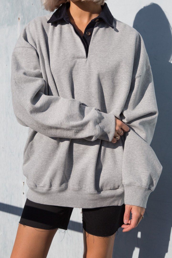 brandy melville archer sweatshirt heather grey sweater authentic john galt  oversized fit button down collared hoodie jacket erica carla christy dark  navy blue cute basic, Women's Fashion, Coats, Jackets and Outerwear on