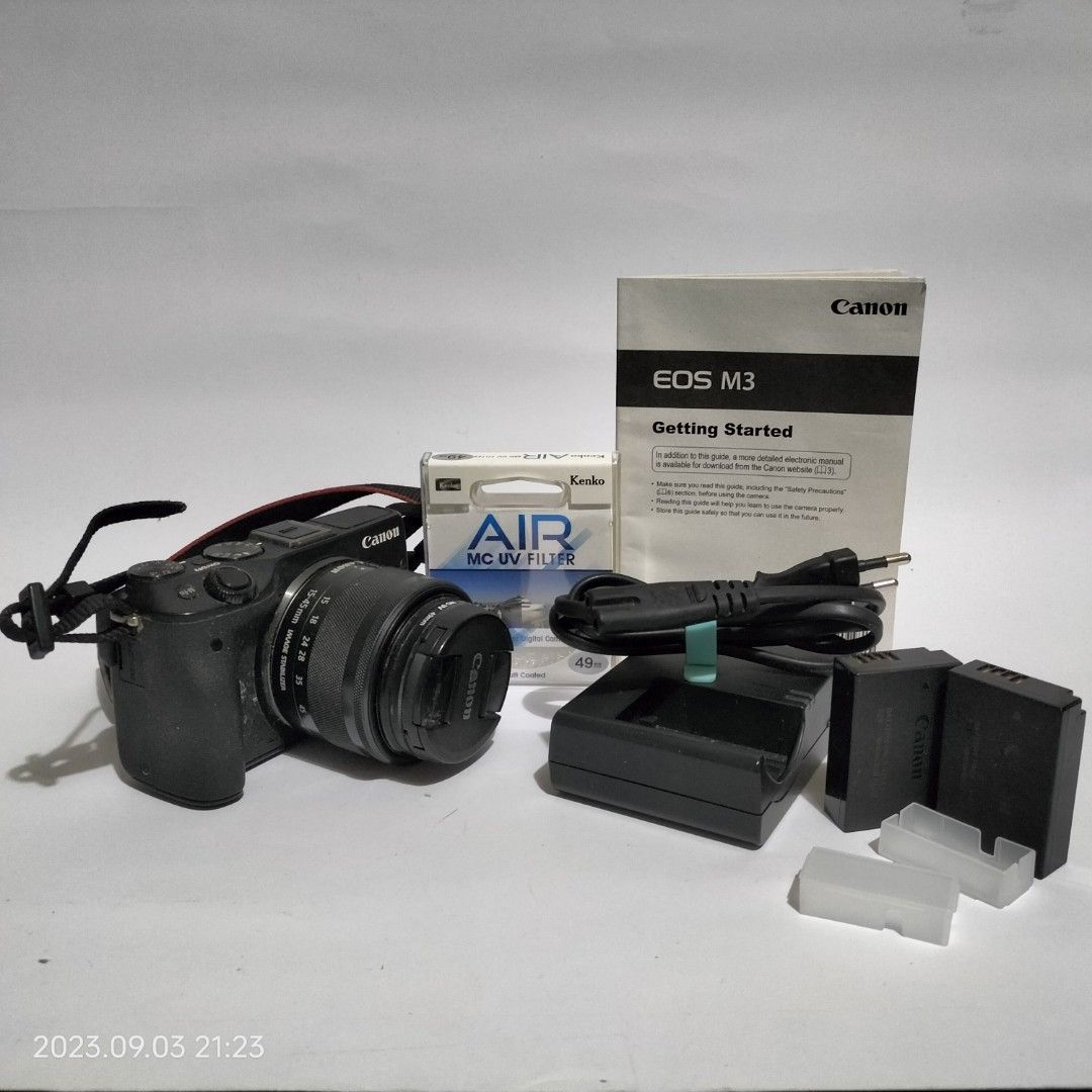 Canon EOS M3 (Category: Cameras) located in Baguio. Submitted by livewless (Listing ID 1252741041, Image 1). Description: Canon Mirrorless Camera, well used but still in good shooting condition, the exterior is not in the best condition though (see photos and feel free to message me about details). Inside needs cleaning (see photos). Bought for Php34,500 at Canon Store. Original charger, manual, 15-45mm kit lens, 2 original Canon batteries (very 