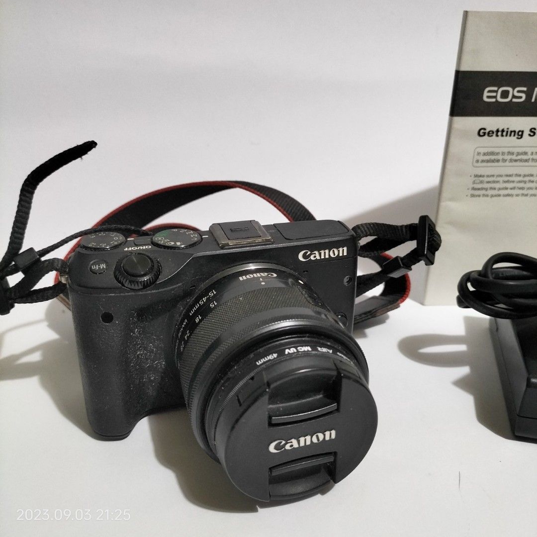Canon EOS M3 (Category: Cameras) located in Baguio. Submitted by livewless (Listing ID 1252741041, Image 3). Description: Canon Mirrorless Camera, well used but still in good shooting condition, the exterior is not in the best condition though (see photos and feel free to message me about details). Inside needs cleaning (see photos). Bought for Php34,500 at Canon Store. Original charger, manual, 15-45mm kit lens, 2 original Canon batteries (very 