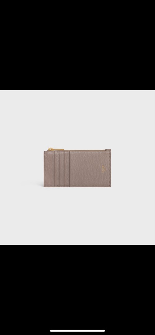 ZIPPED COMPACT CARD HOLDER ESSENTIALS IN GRAINED CALFSKIN - PEBBLE