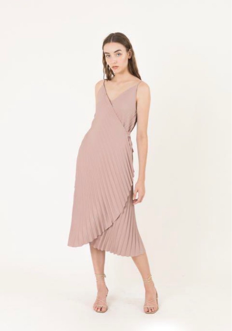 pink pleated wrap dress