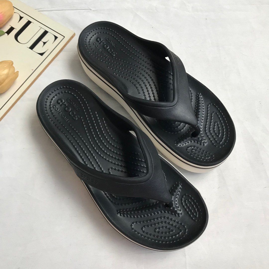 CROCS Crocband Black White Platform Flip Flops 1075, Fesyen