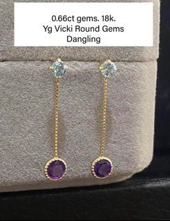 Dangling earrings 18K YG with .66ct round gems (aquamarine and amethyst)