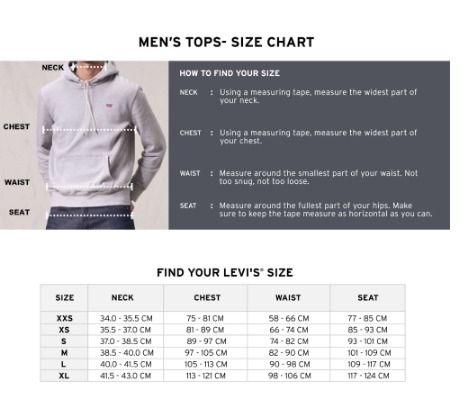 Levi's sweatshirt size chart hotsell