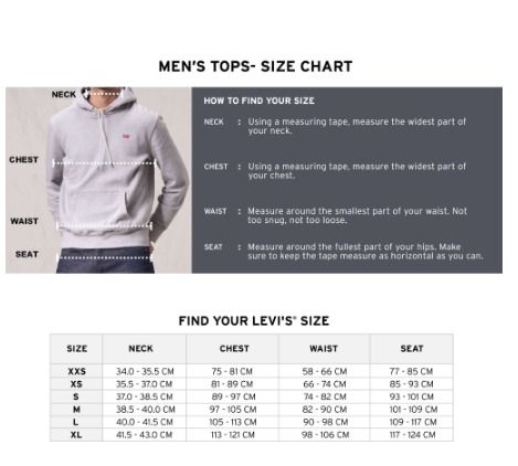 Levis hoodie shop size chart