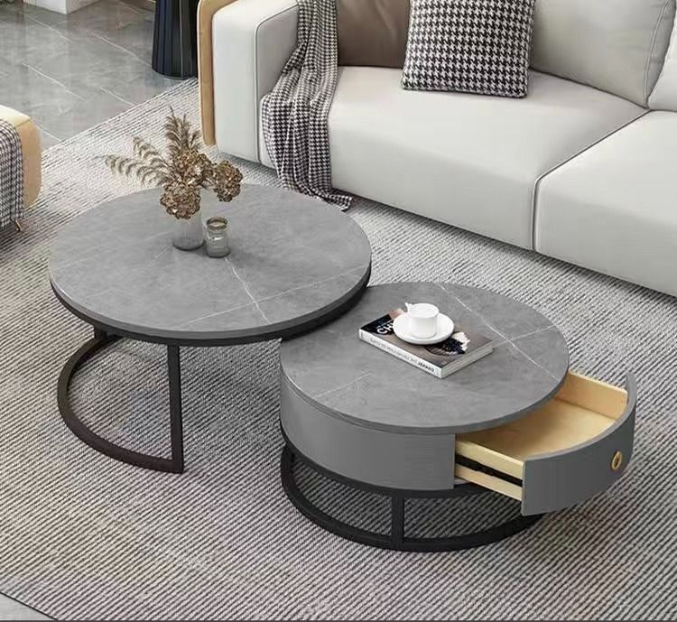 Modern White Oval Sintered Stone Top Coffee Table Microfiber Leather with 2  Drawers