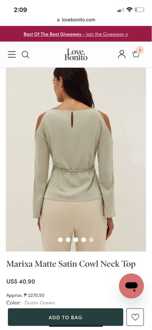 Love Bonito Matte Satin Cowl Neck (Category: Blouses) located in Quezon City. Submitted by sabsandi (Listing ID 1252643680, Image 3). Description: .
