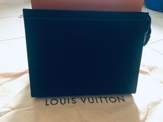 Authenticated Used LOUIS VUITTON Louis Vuitton Pochette Voyage MM Taiga  Second Bag M30399 Cobalt Clutch Handbag Card Case Storage 