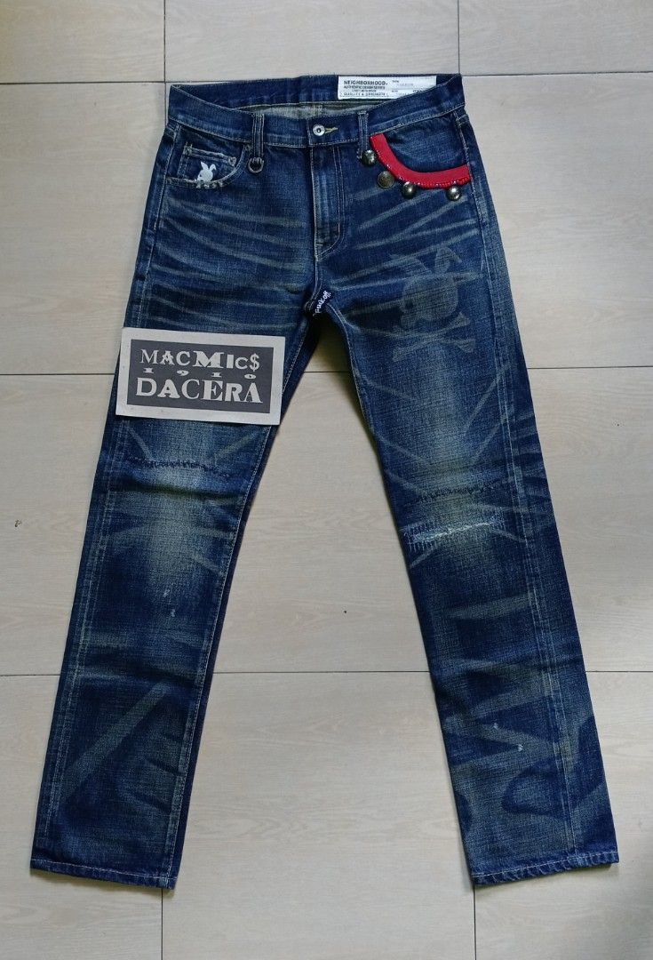 NEIGHBORHOOD x MASTERMIND JAPAN (Category: Jeans) located in Manila. Submitted by lokibakiki36119 (Listing ID 1252737246, Image 1). Description: NEIGHBORHOOD x MASTERMIND JAPAN Excellent Condition 🇯🇵MADE IN JAPAN🇯🇵 Size SMALL On Tag Slim Straight Fit Lost Decorative Shoe Lace On Waist Area On Tape: Waistline: 32 Back Rise: 13 Crotch Point: 10 Inseam: 31.5 Side Seam: 41.5 Thigh: 10.5 Knee: 8.5 Bottom Hem: 7.5 PhP 7500 + SF.