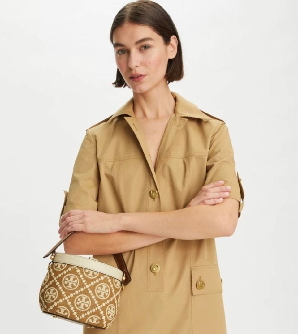 New Tory Burch Original Aged Camel Mix Canteen Bag With Monogram T In Embroidered Raffia Crossbody Top Handle Bag For Women Come With Complete Set Suitable For Gift Luxury Bags Wallets