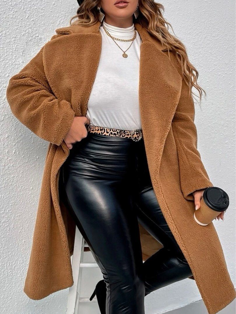 Plus Size Brown Open Front Teddy Winter Coat, Fashion, Coats, Jackets and Outerwear Carousell