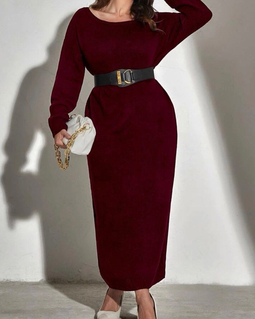 Plus Size Mulvari Red Maroon Winter Sweater Dress Drop Shoulder Without Belt