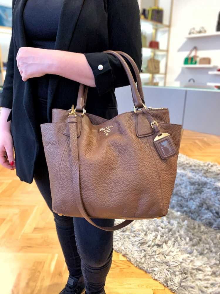 Prada Dark Beige Vitello Shine Leather Top Handle Bag