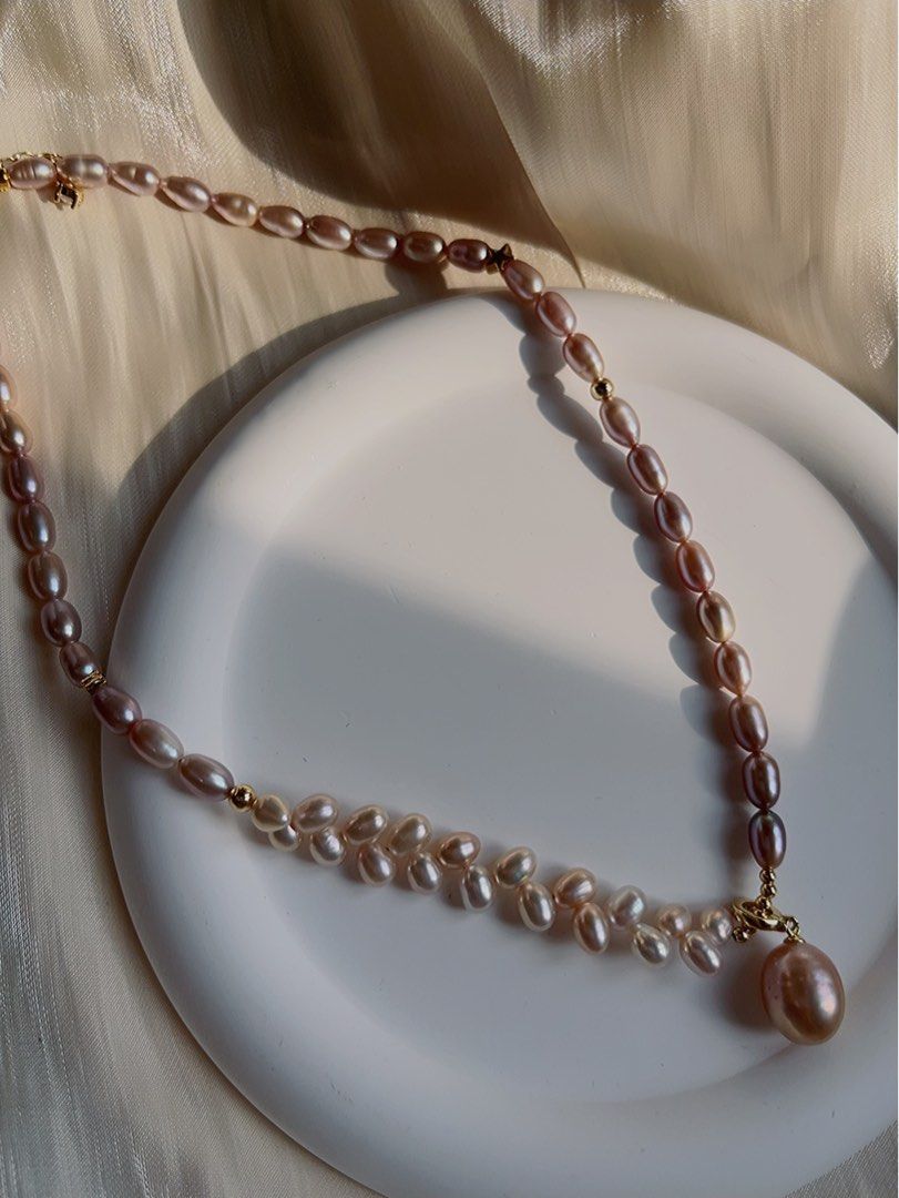 Purple Freshwater Pearl Necklace Ears of Wheat Pendant Removable Excellent Lustre