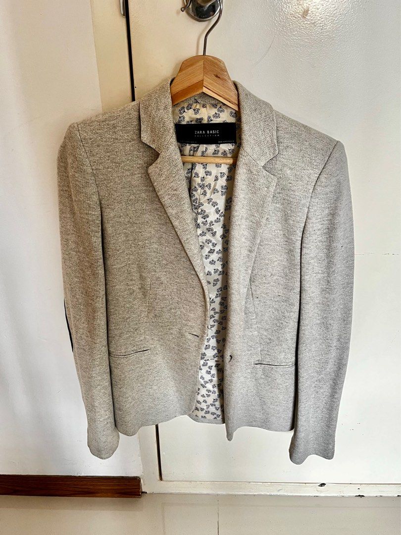 Quirky Zara Light Grey Blazer with Navy Elbow Patches