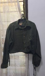 Reworked oversized crop beludru  kemeja tartan Army serut pinggang size M fit L