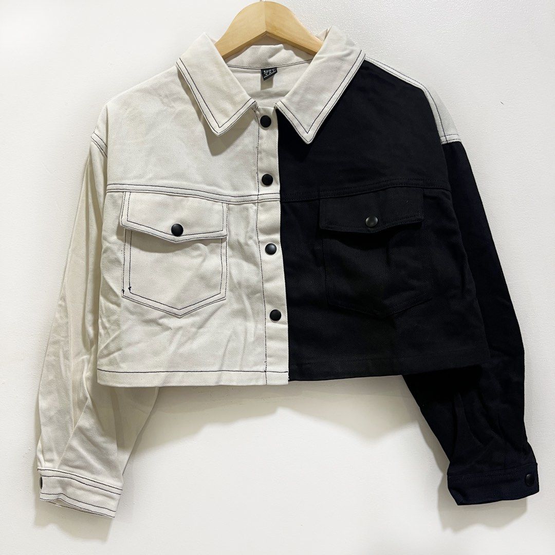 Half black half white jean jacket sale
